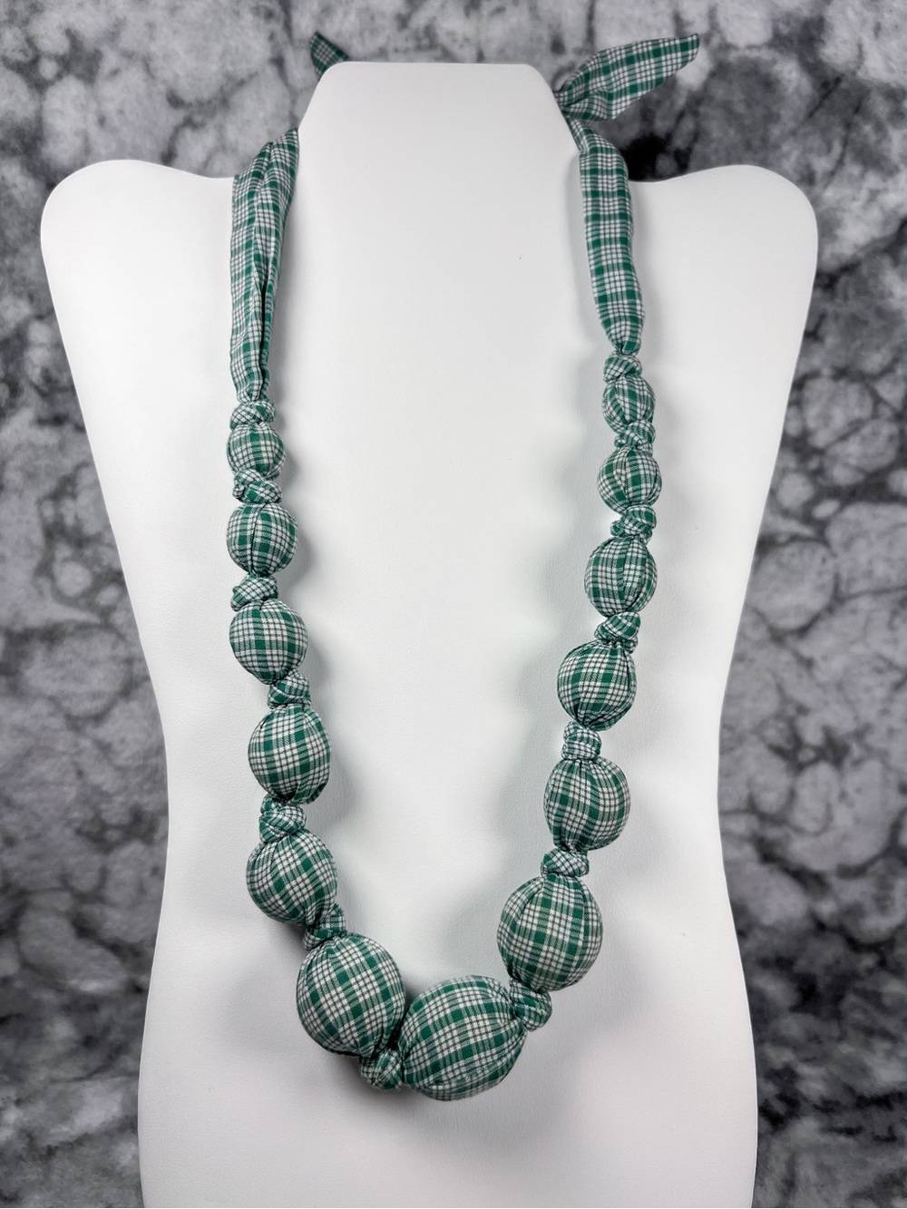 Green Plaid Fabric Bead Statement Necklace Adjustable Tie Textile 36” Boho Style